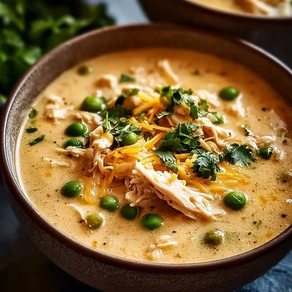 A bowl of creamy Keto White Chicken Chili topped with cilantro and cheese