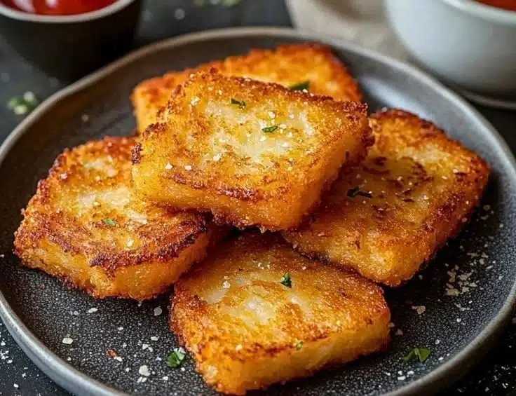Crispy golden brown hash browns served on a plate