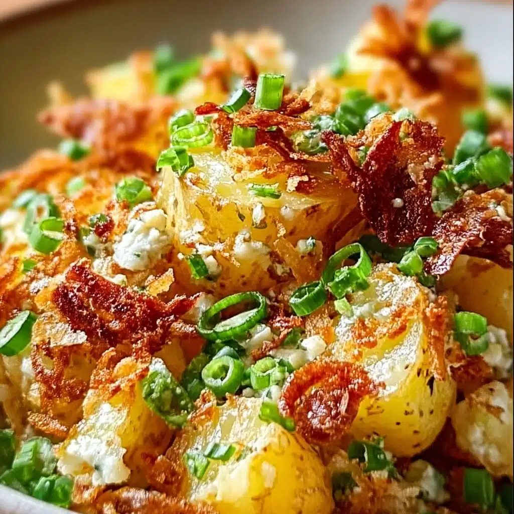 Crispy smashed potato salad in a bowl, garnished with herbs and dressing.