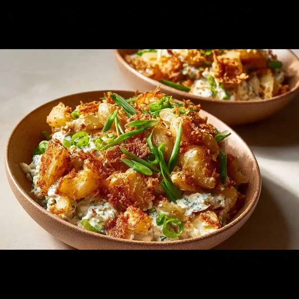 Bowl of crispy smashed potato salad garnished with herbs and dressing.