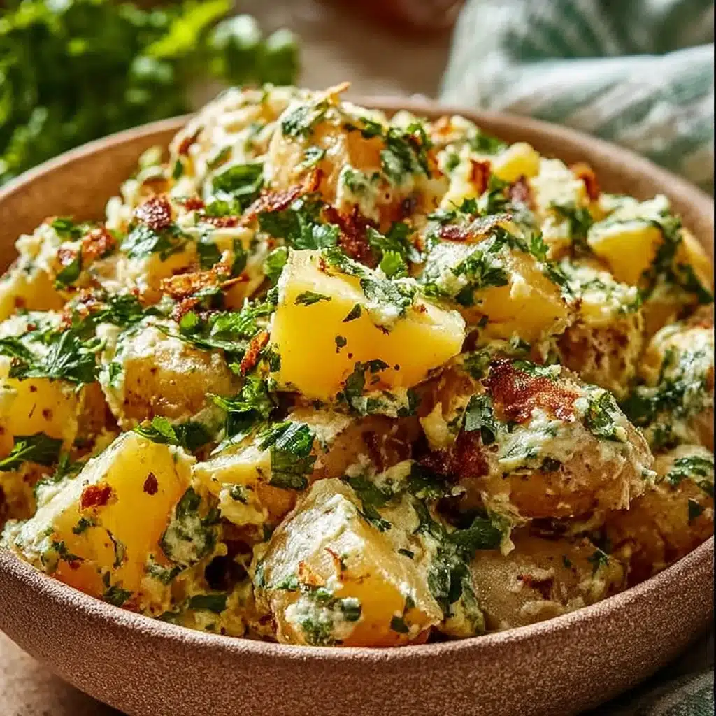 Crispy smashed potato salad served in a vibrant bowl with fresh herbs