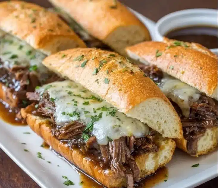 Delicious Crockpot French Dip Sandwiches served with au jus.