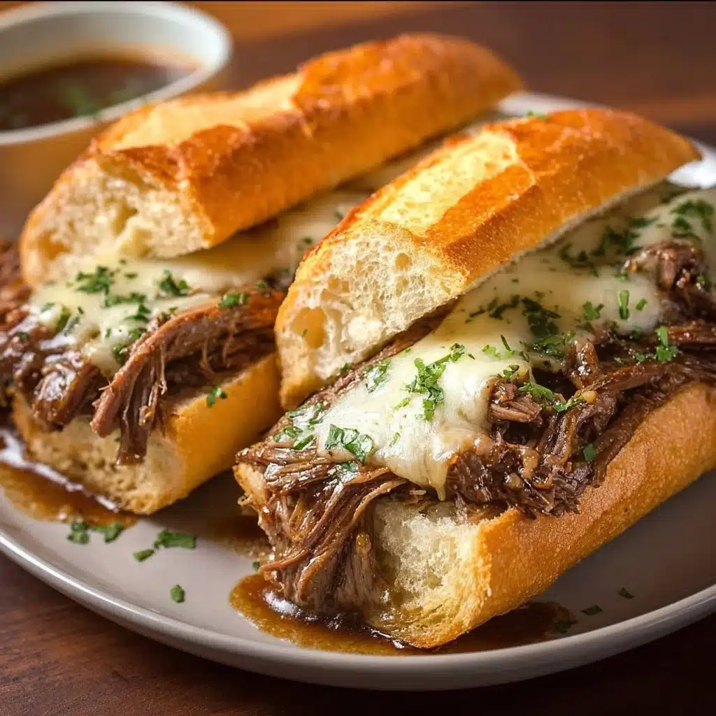 Delicious Crockpot French Dip Sandwich served with savory au jus.