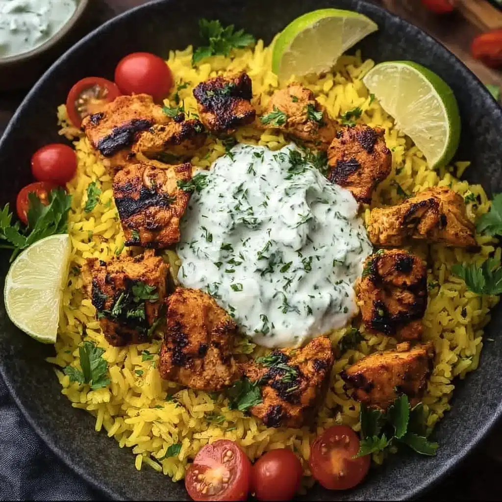 Baked Chicken Tzatziki Rice served with fresh herbs and vegetables