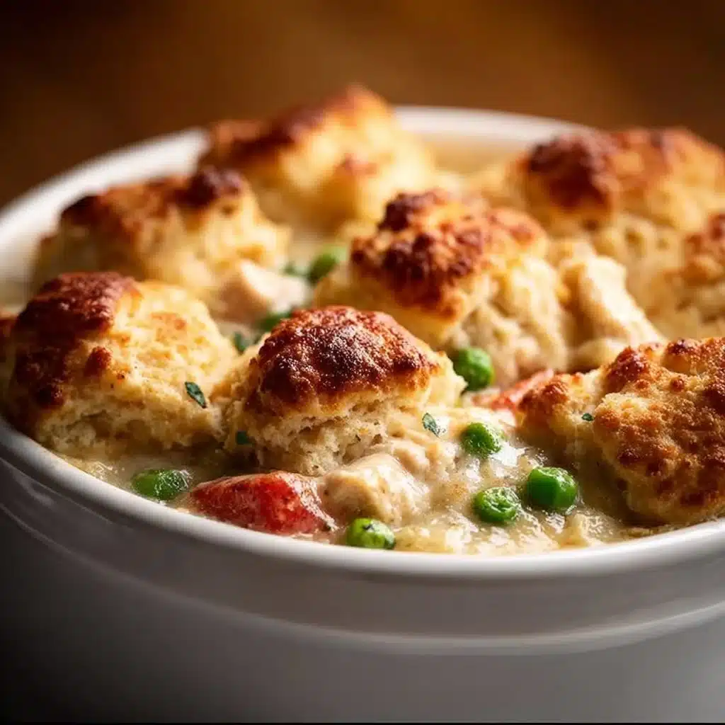 Easy chicken pot pie cobbler topped with flaky crust in a baking dish