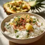 Bowl of easy creamy coconut rice topped with fresh herbs
