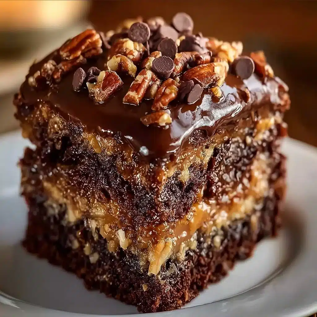 Delicious easy German chocolate poke cake topped with coconut and pecans
