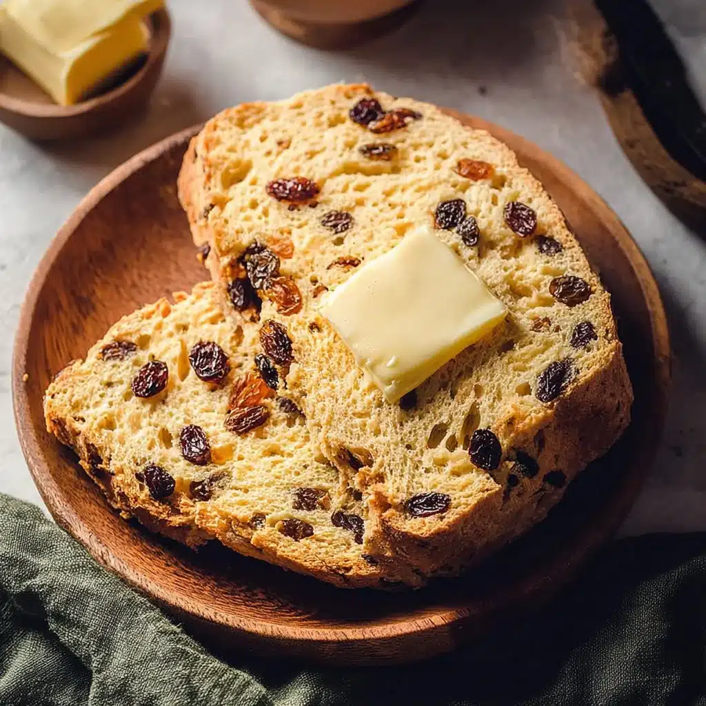 Homemade easy Irish soda bread with currants on a wooden table