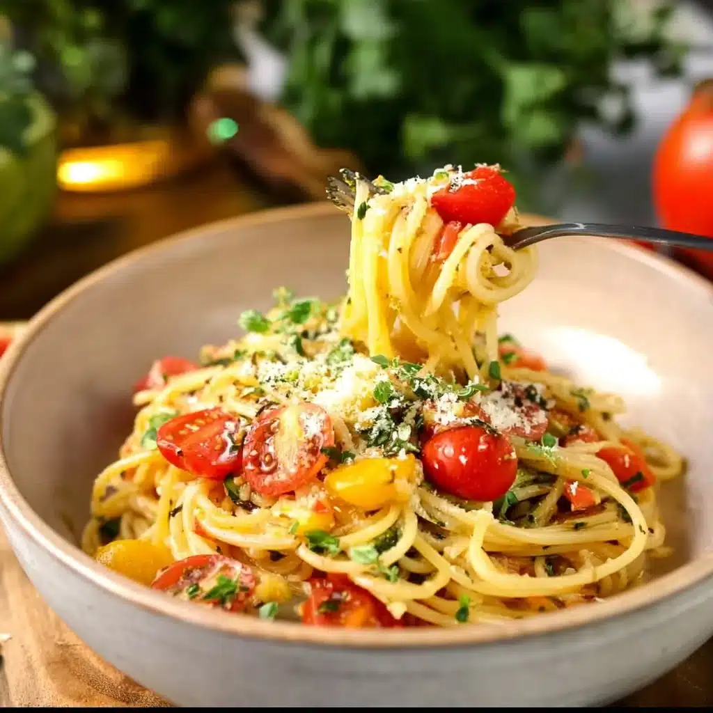 Colorful one pot pasta primavera with fresh vegetables and herbs