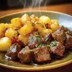 Delicious slow cooker garlic butter steak bites and potatoes dish