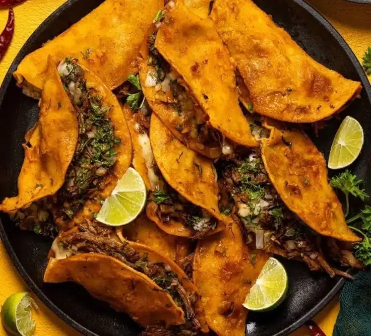 Delicious homemade Birria Tacos served with consommé and garnished fresh herbs.