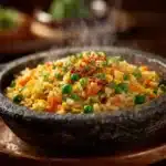 Delicious homemade fried rice served in a bowl with colorful vegetables.