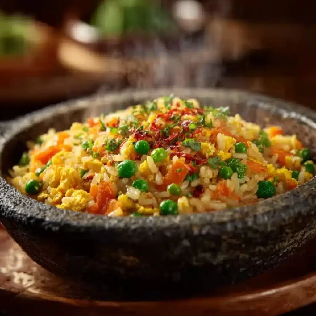 Delicious homemade fried rice served in a bowl with colorful vegetables.