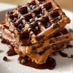 Fudgy brownie waffles topped with chocolate sauce and strawberries