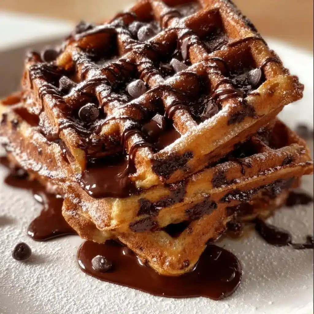 Fudgy brownie waffles topped with chocolate sauce and strawberries