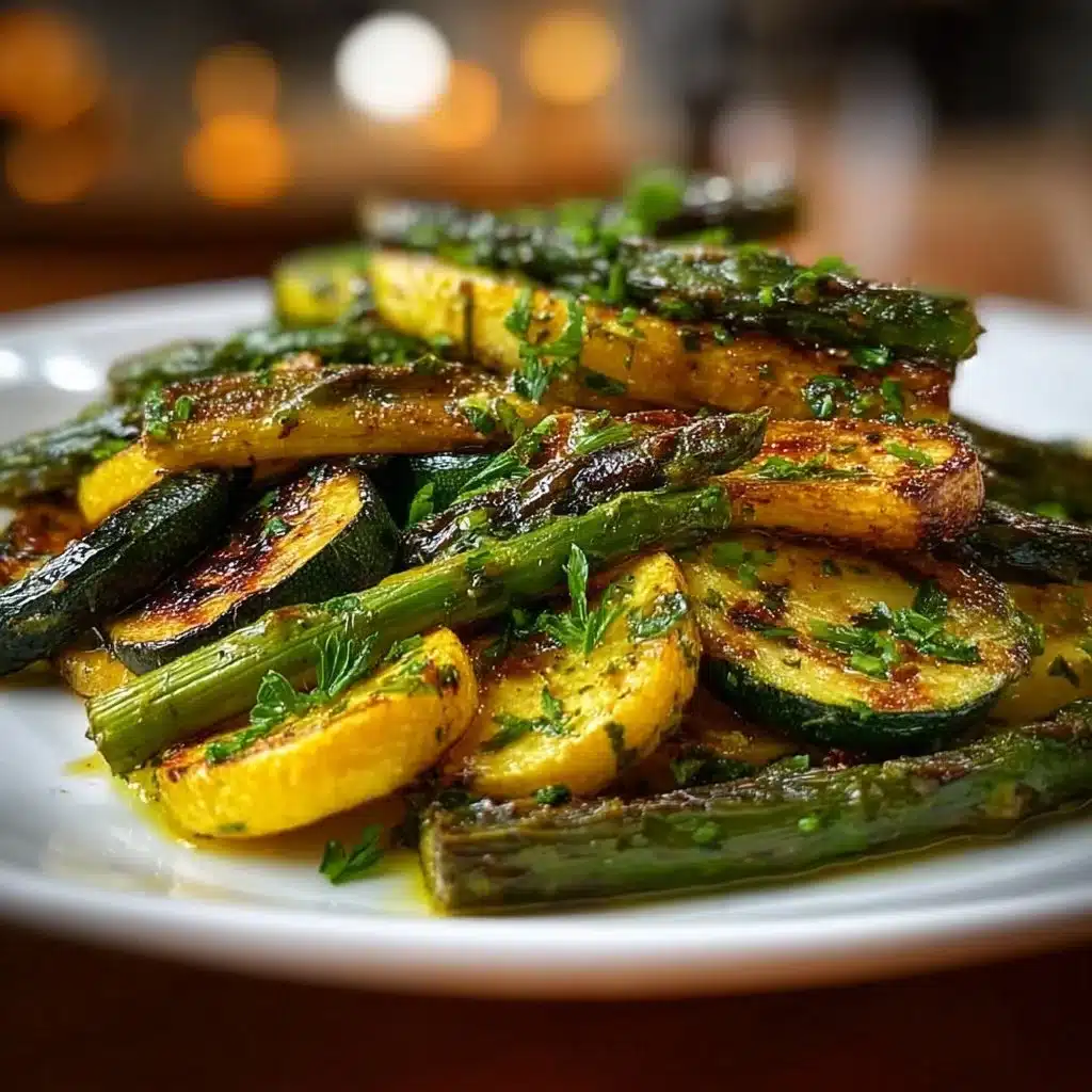 Delicious garlic roasted asparagus and zucchini dish served on a plate