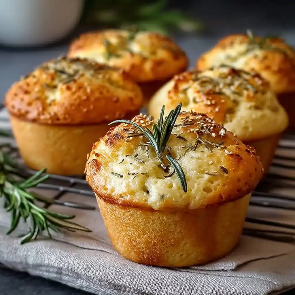 Garlic Rosemary Focaccia Muffins displayed on a wooden board