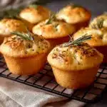 Garlic Rosemary Focaccia Muffins topped with herbs and served in a basket