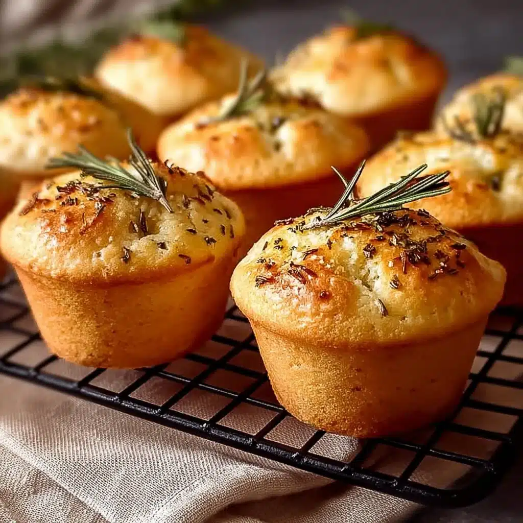 Garlic Rosemary Focaccia Muffins topped with herbs and served in a basket