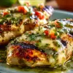 Grilled salsa verde chicken with pepper jack cheese on a plate