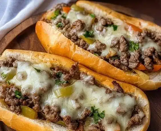 Ground Beef Philly Cheesesteaks with melted cheese and peppers on a hoagie roll