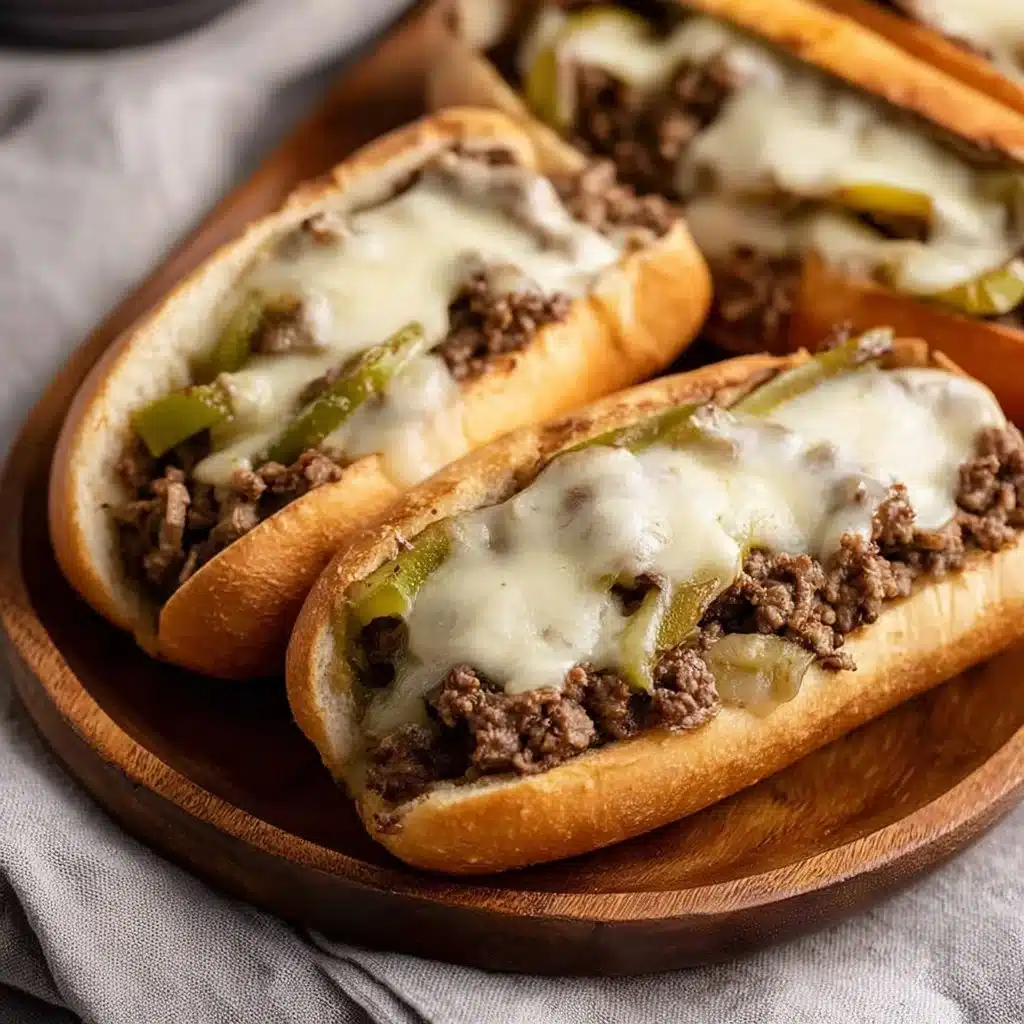 Delicious homemade ground beef Philly cheesesteaks on a toasted roll