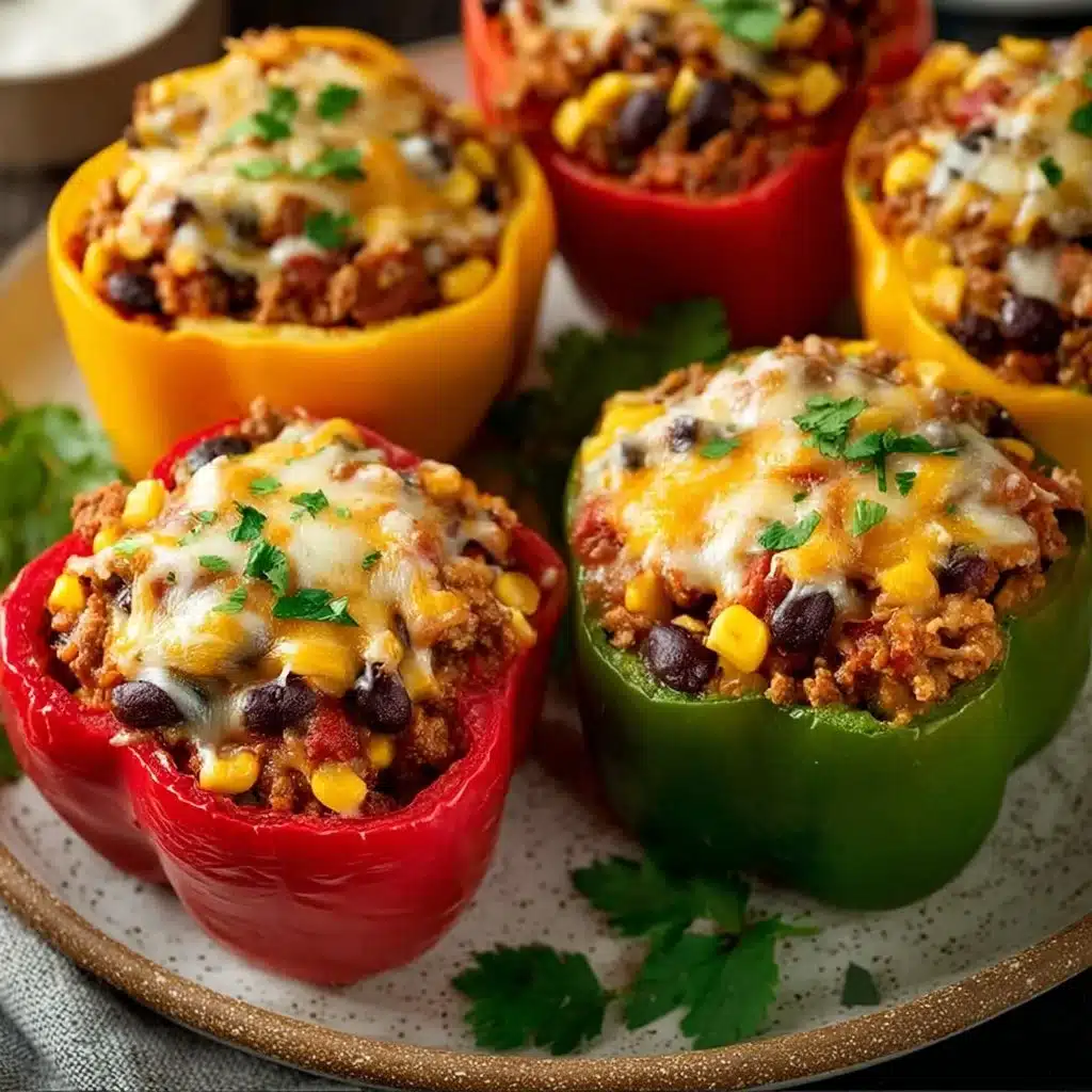 Healthy taco stuffed peppers filled with lean meat, veggies, and spices.