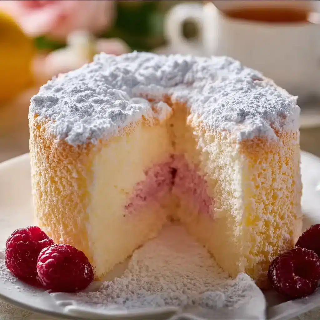 Slice of raspberry angel food cake topped with fresh raspberries and whipped cream