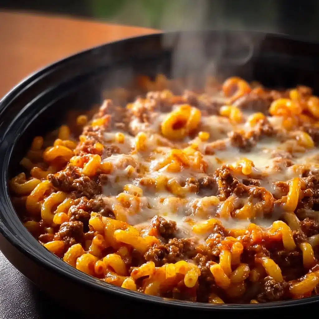 Bowl of homemade crockpot ground beef pasta with herbs and cheese on top