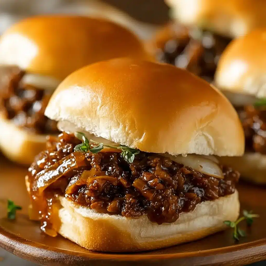 Delicious French onion beef sloppy joes served on a rustic wooden table