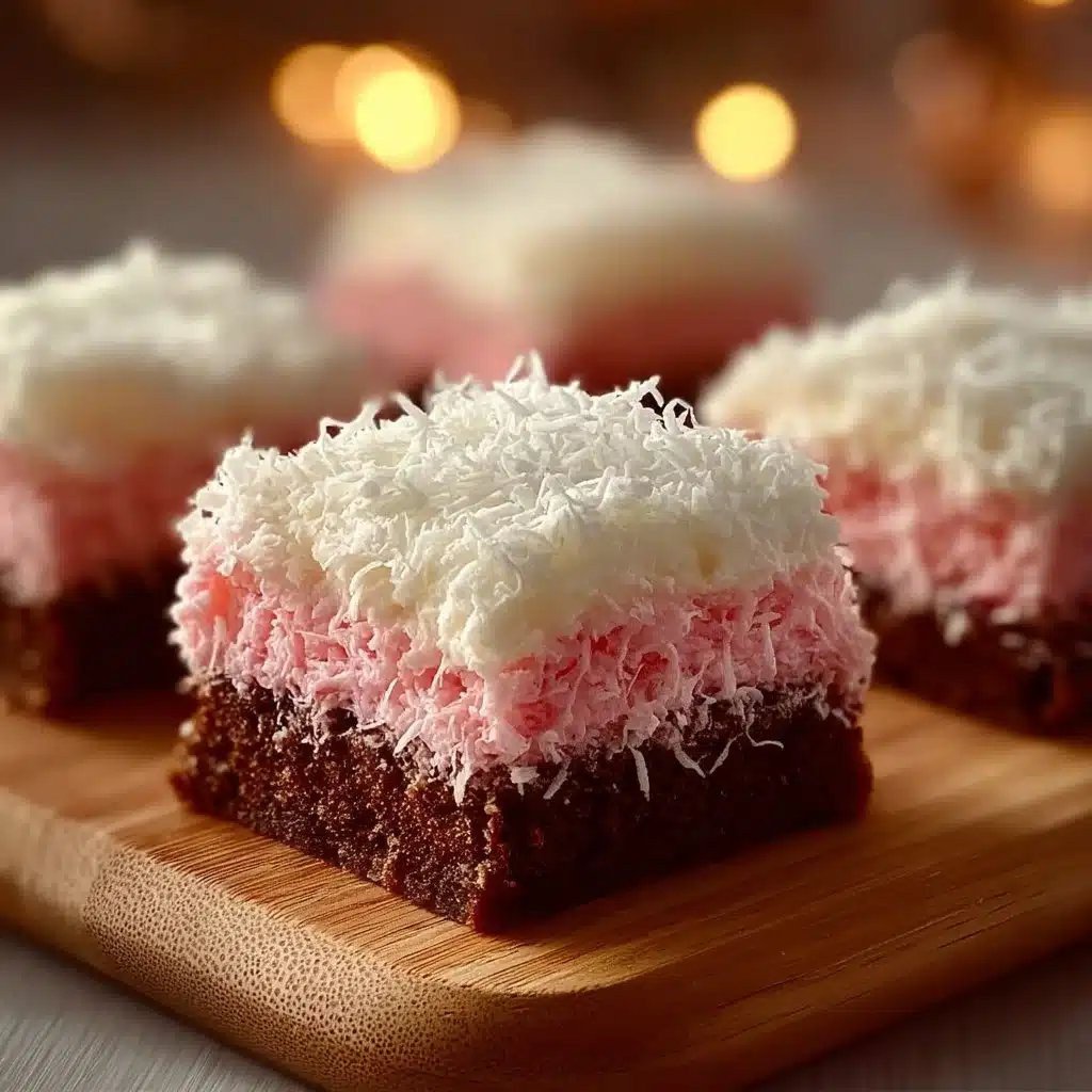 Deliciously vibrant pink coconut snowball cake bars garnished with coconut flakes.