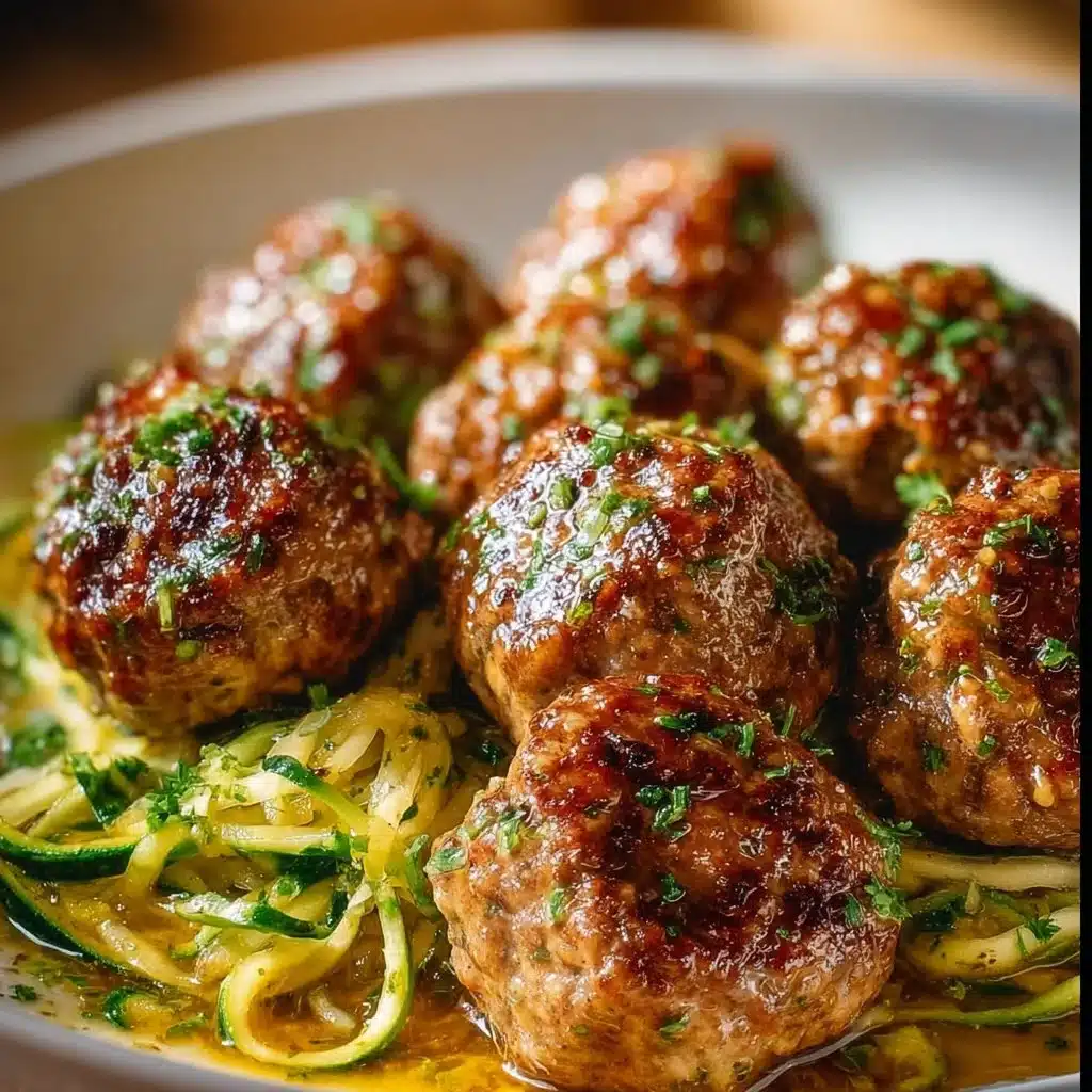 Keto garlic butter meatballs served in a bowl with herbs and garlic sauce
