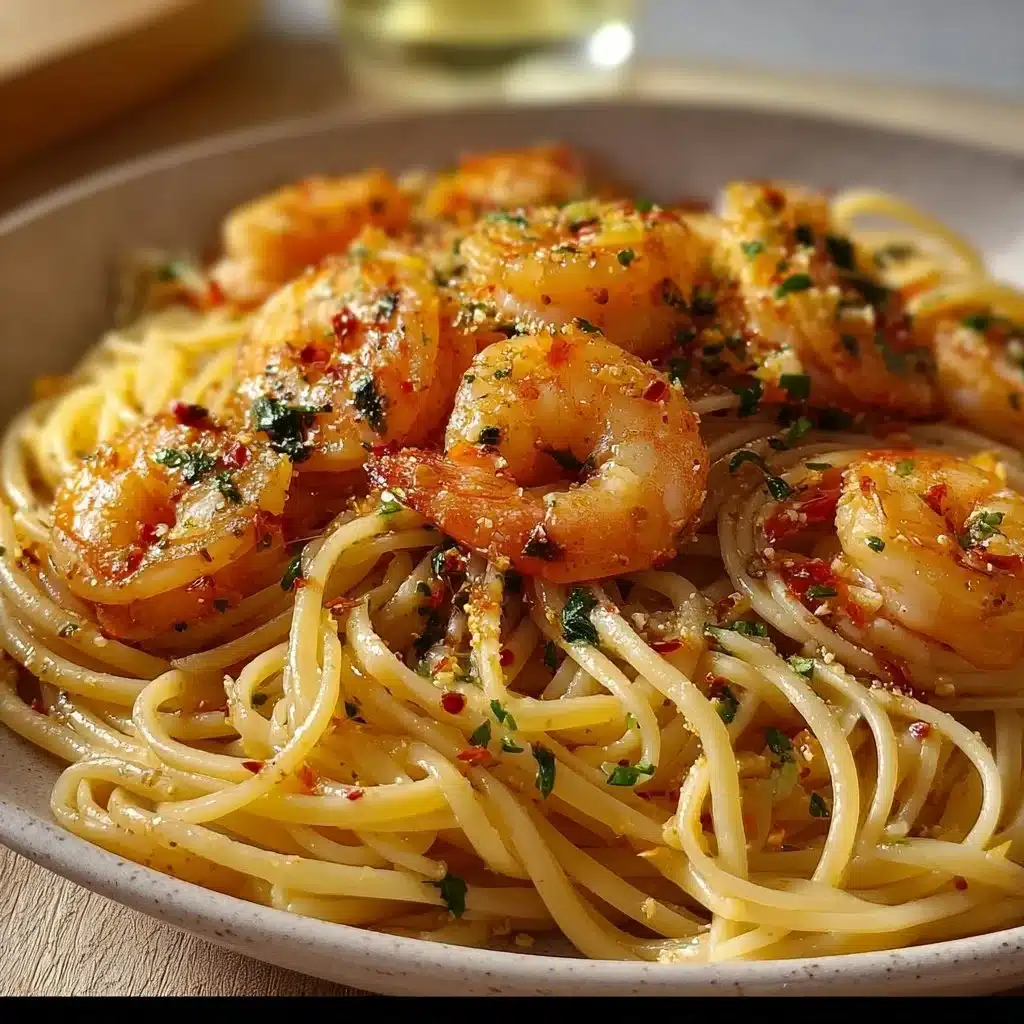 Plate of Lemon Garlic Pasta with Shrimp garnished with fresh herbs