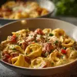 Creamy Loaded Cajun Alfredo Tortellini with spices and herbs