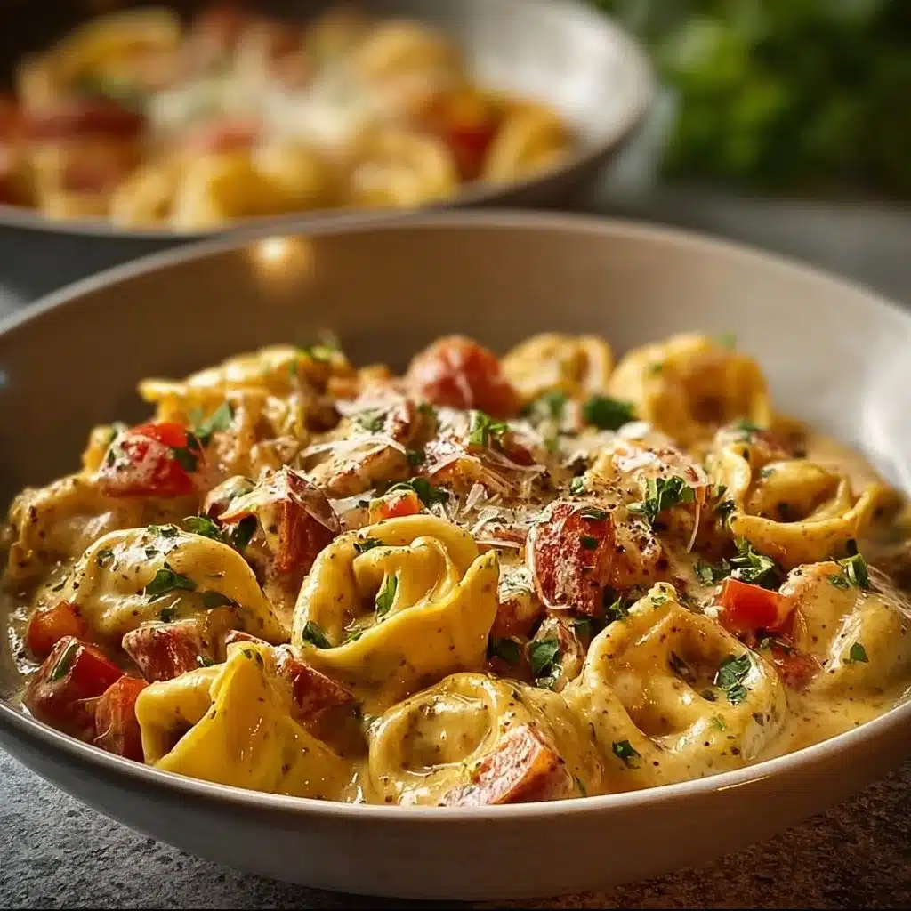 Creamy Loaded Cajun Alfredo Tortellini with spices and herbs
