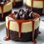 Delicious mini cheesecakes with brownie base topping on a white plate.