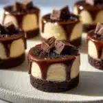 Mini cheesecakes topped with chocolate and served on a brownie base