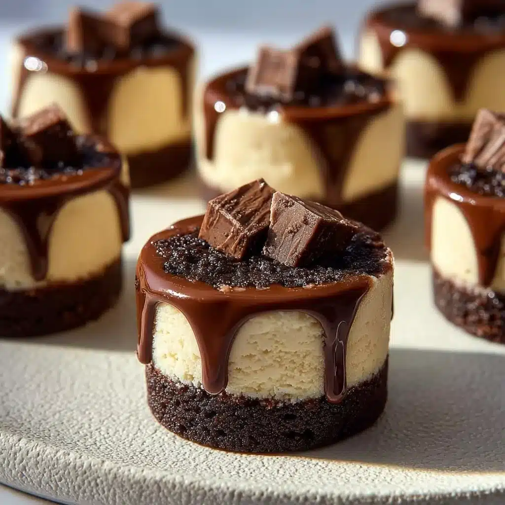 Mini cheesecakes topped with chocolate and served on a brownie base
