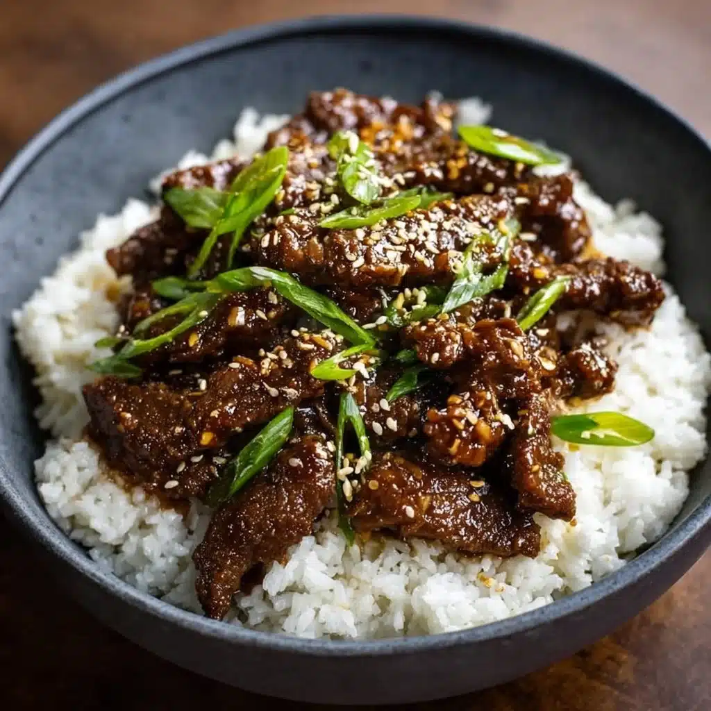 Delicious plate of Mongolian Beef with vegetables and rice