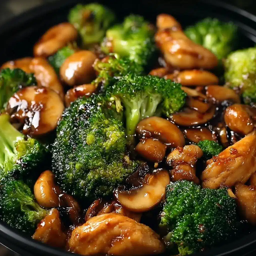 Delicious chicken stir-fry with broccoli and mushrooms served in a bowl.