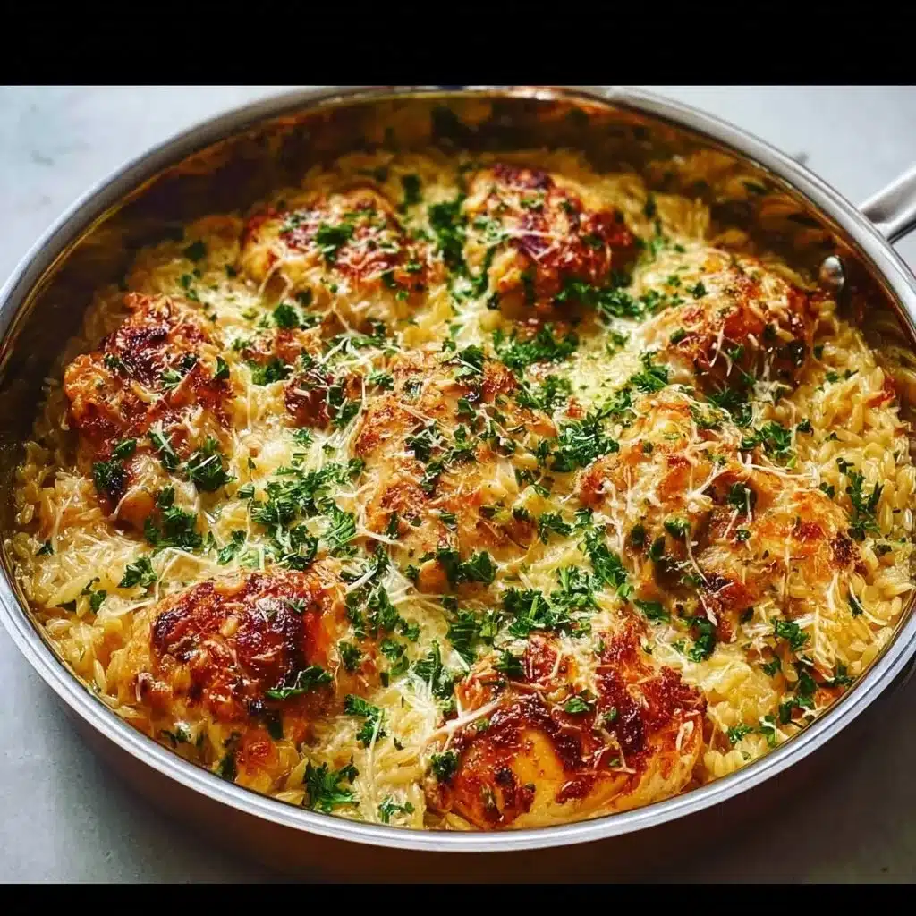 One Pan Orzo Chicken Bake with vegetables in a skillet