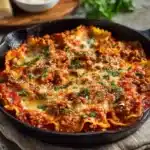 One Pan Skillet Lasagna ready to serve in a skillet