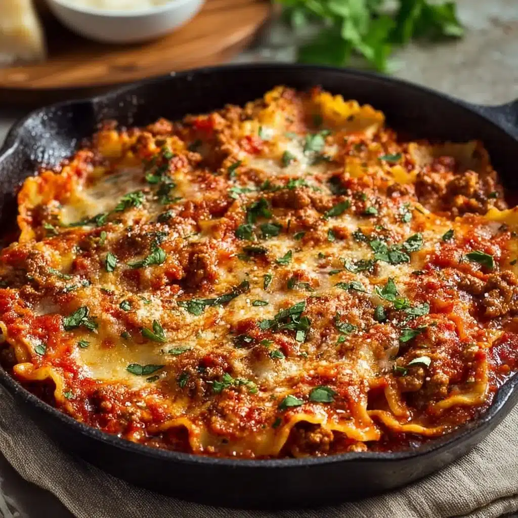 One Pan Skillet Lasagna ready to serve in a skillet