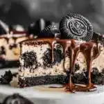 Delicious homemade Oreo Cheesecake topped with crushed Oreos.