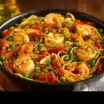 Plate of Pasta Primavera with Shrimp and seasonal vegetables