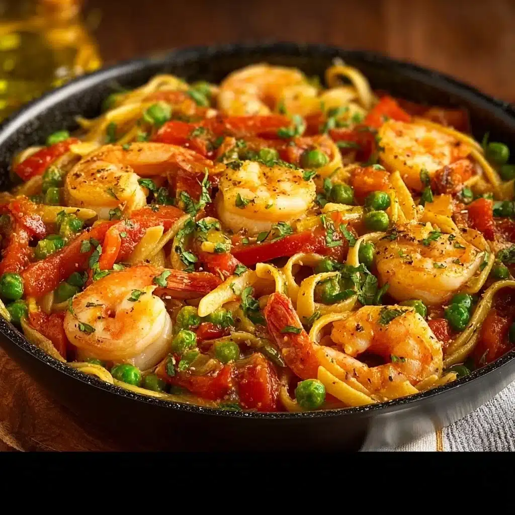 Plate of Pasta Primavera with Shrimp and seasonal vegetables
