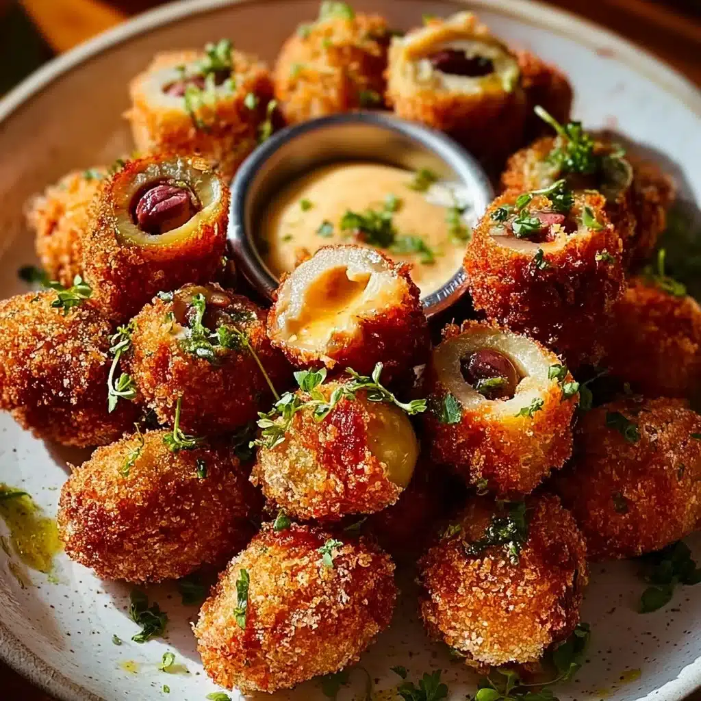 Crispy pimento cheese fried olives served on a platter.