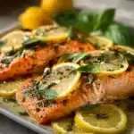 Delicious quick lemon basil salmon served with fresh herbs and lemon slices