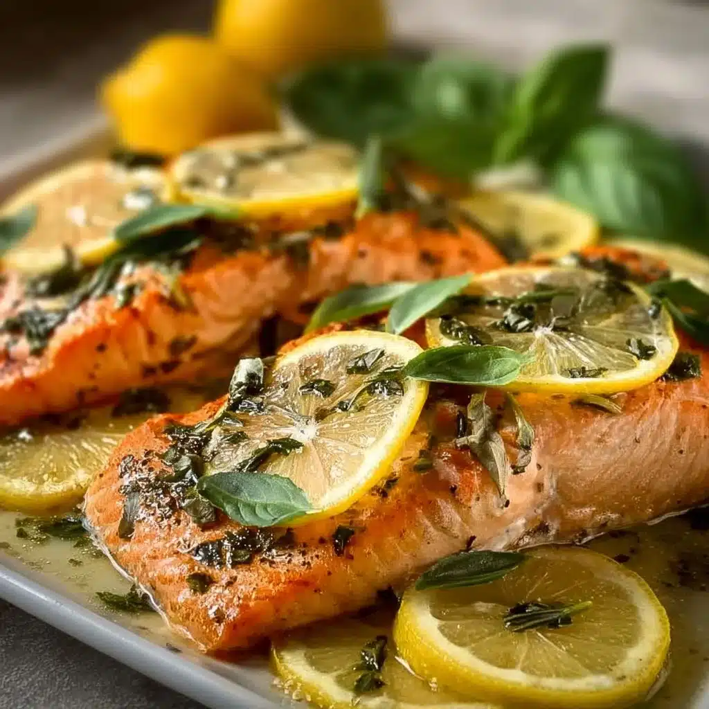 Delicious quick lemon basil salmon served with fresh herbs and lemon slices