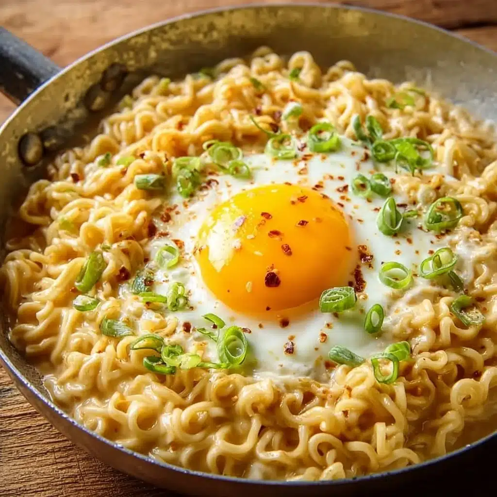 Bowl of quick ramen noodles topped with egg and cheese